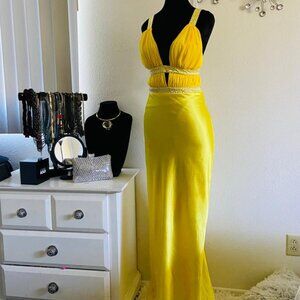 Bora USA Women's Satin V-neck Halter Prom Gown in Yellow  Size S